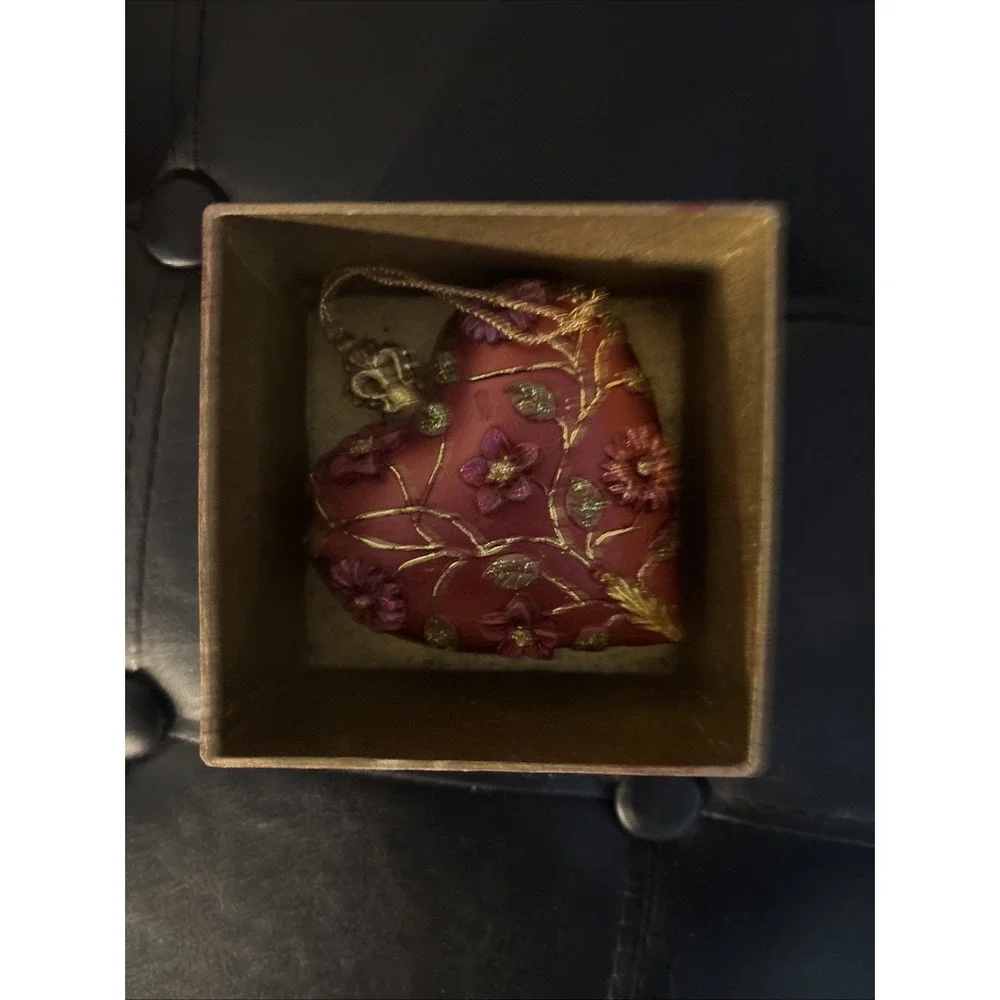 Vintage Cloisonne Enamel Heart Floral Ornament Gold-Tone Metal & Box